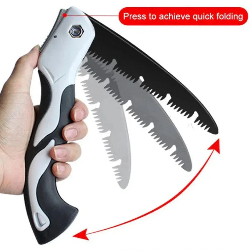 Folding saw with black handle and silver blade, held by a hand, on a white background.

