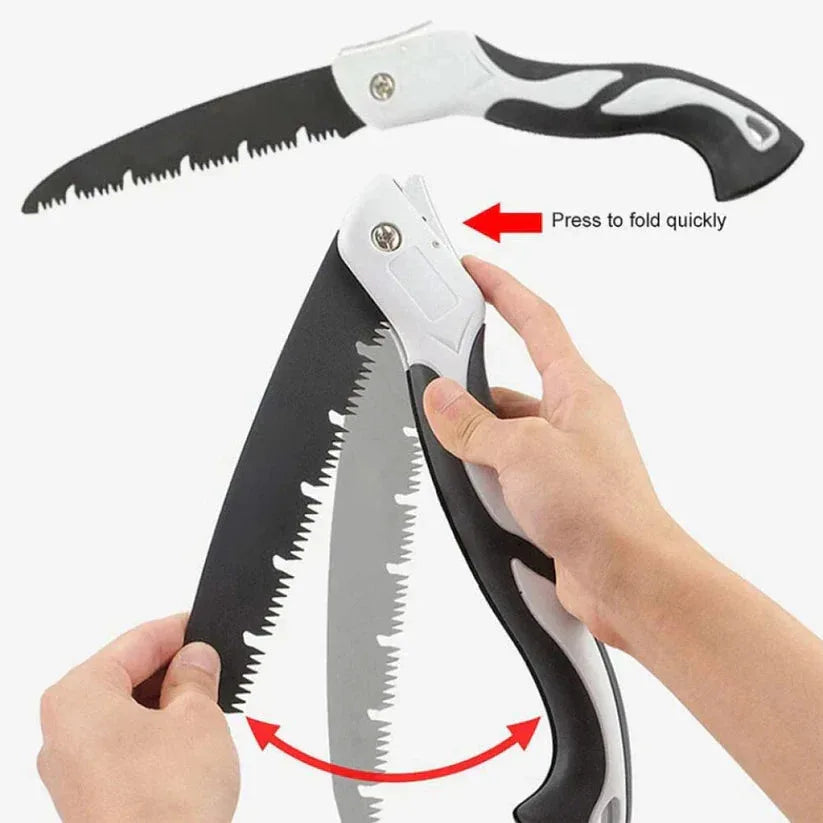 Folding pruning saw with black and white handles, held by a hand on a white background.

