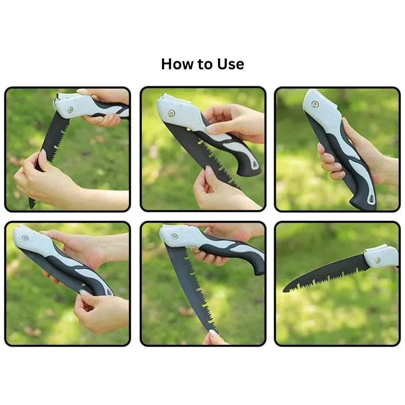Step-by-step guide on how to use a folding saw with hands holding the tool against a blurred green background.

