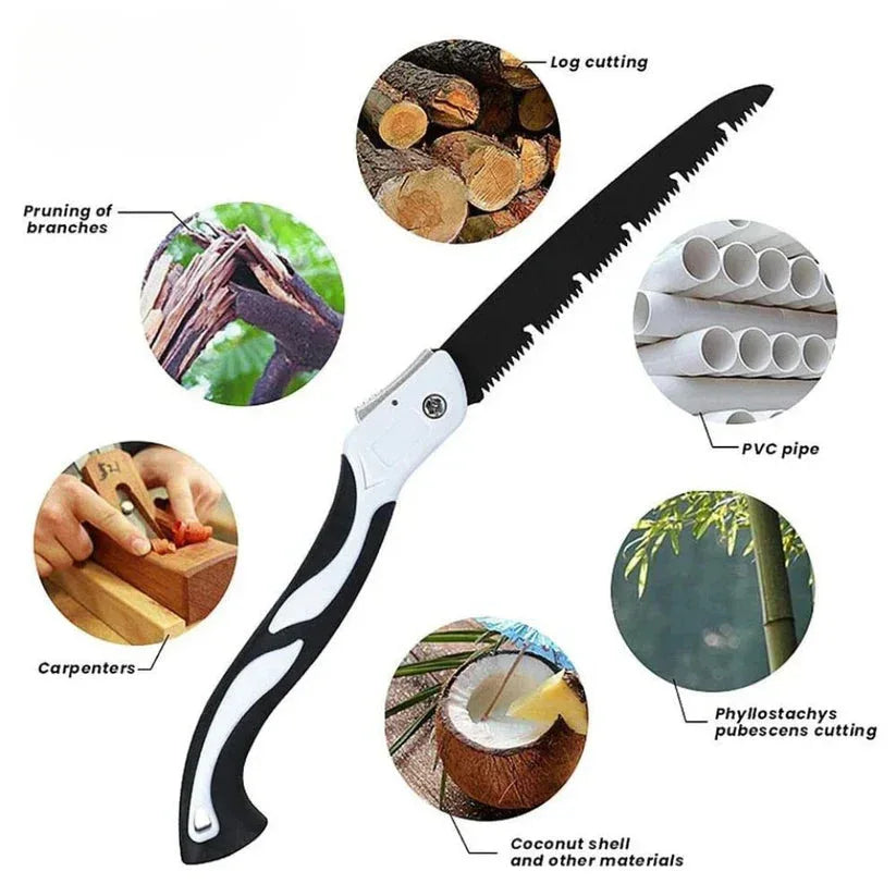 Folding saw with various applications depicted in small circular images around it.


