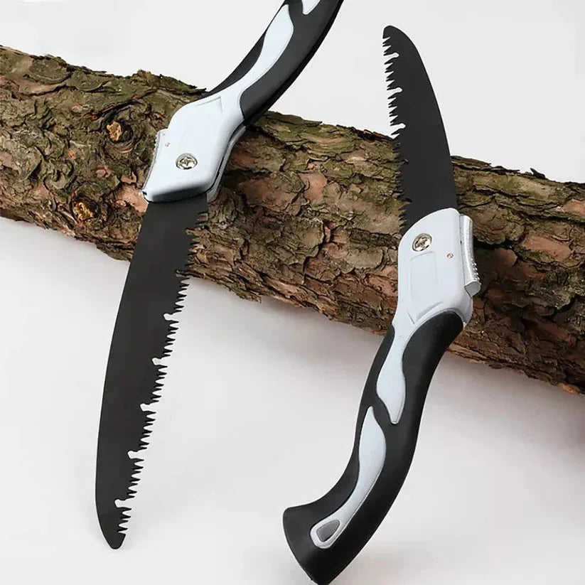 Two folding saws on a branch with a white background

