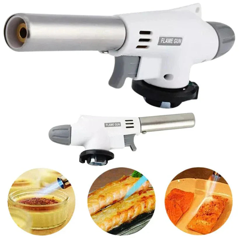 Flame gun with examples of use on a white background


