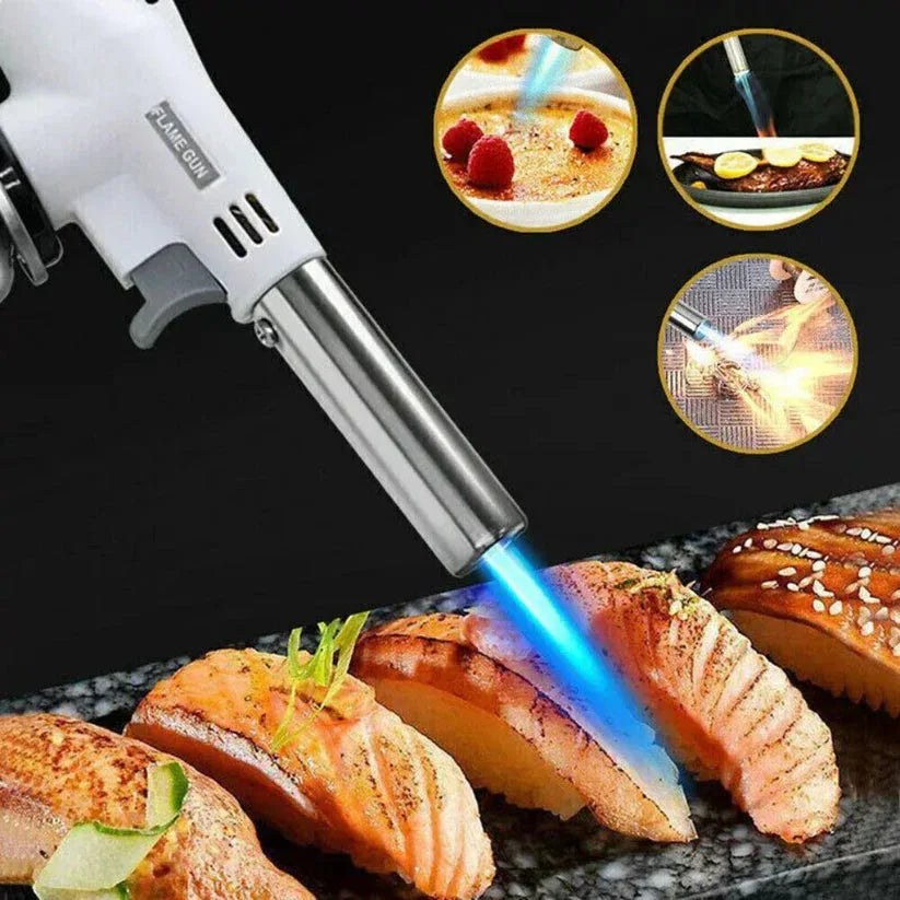 Butane gas torch being used to cook salmon with close-up insets of flame application.

