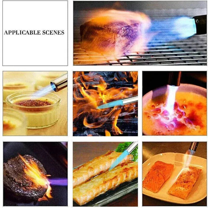 Collage of images showing the use of a butane flame gun for cooking and food preparation.

