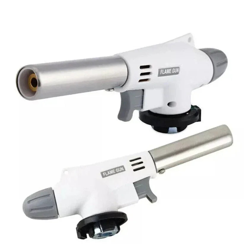 Two white flame guns with metallic nozzles on a white background

