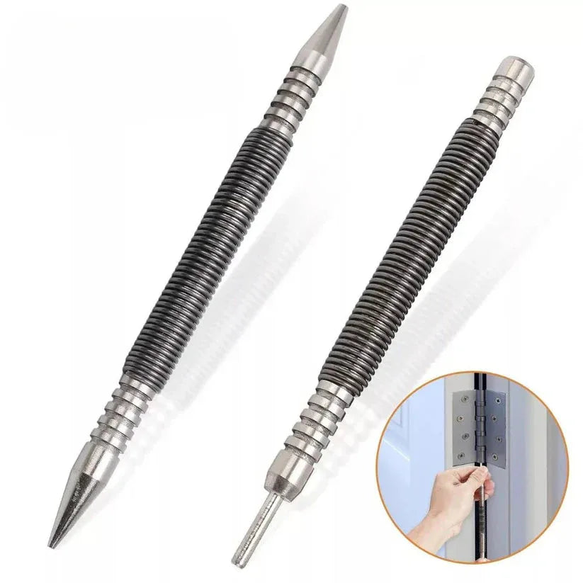 Two metal pens with flexible shafts on a white background, one with an inset showing a hand using it.

