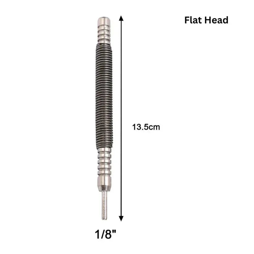 Measurement chart of a dart with a flat head and measurements labeled on a white background

