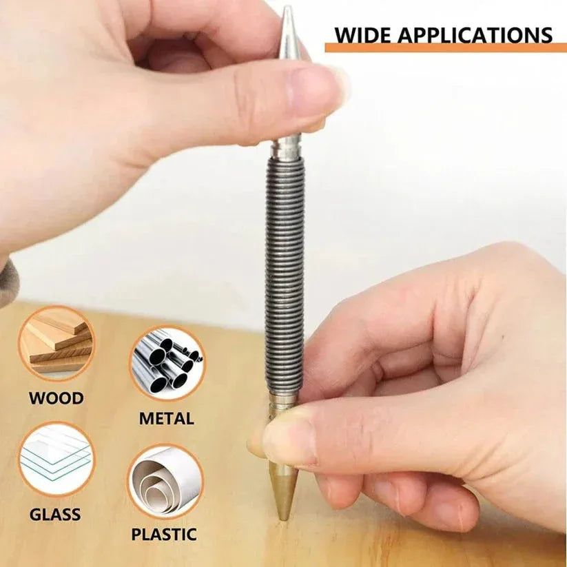 Hand holding a tool with interchangeable heads on a wooden surface, indicating its wide applications.

