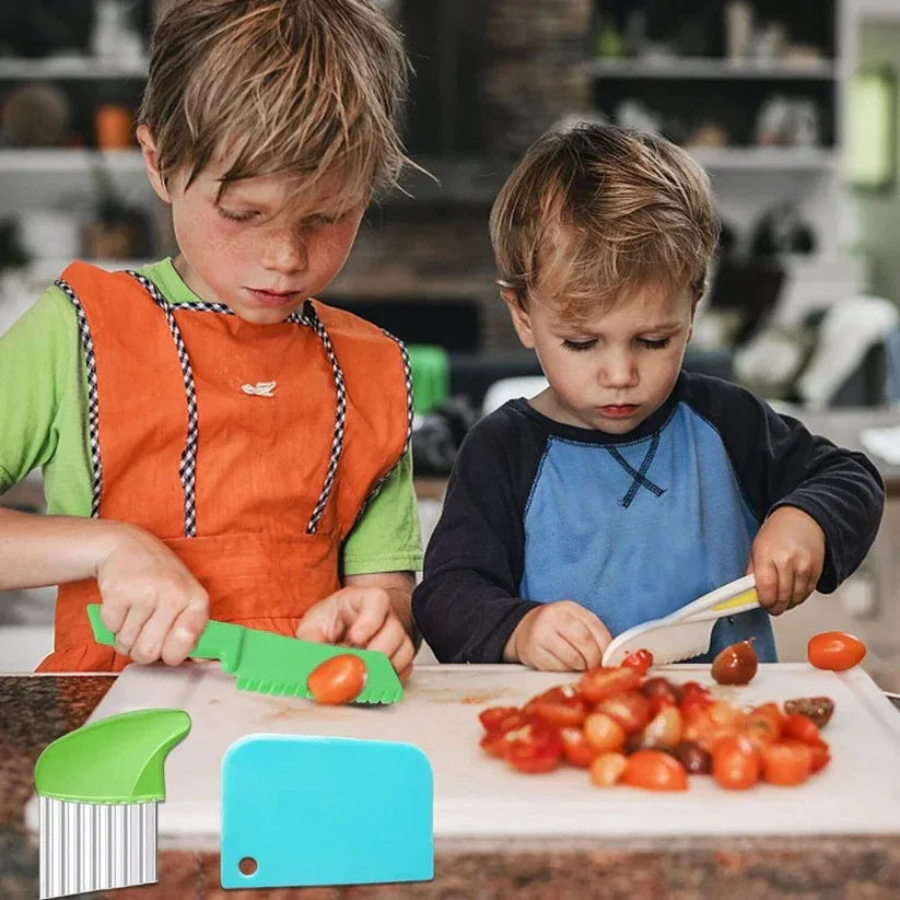 Two children in a kitchen setting with a focus on safety and learning through play.

