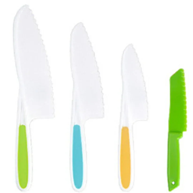Set of four knives with colorful handles on a white background

