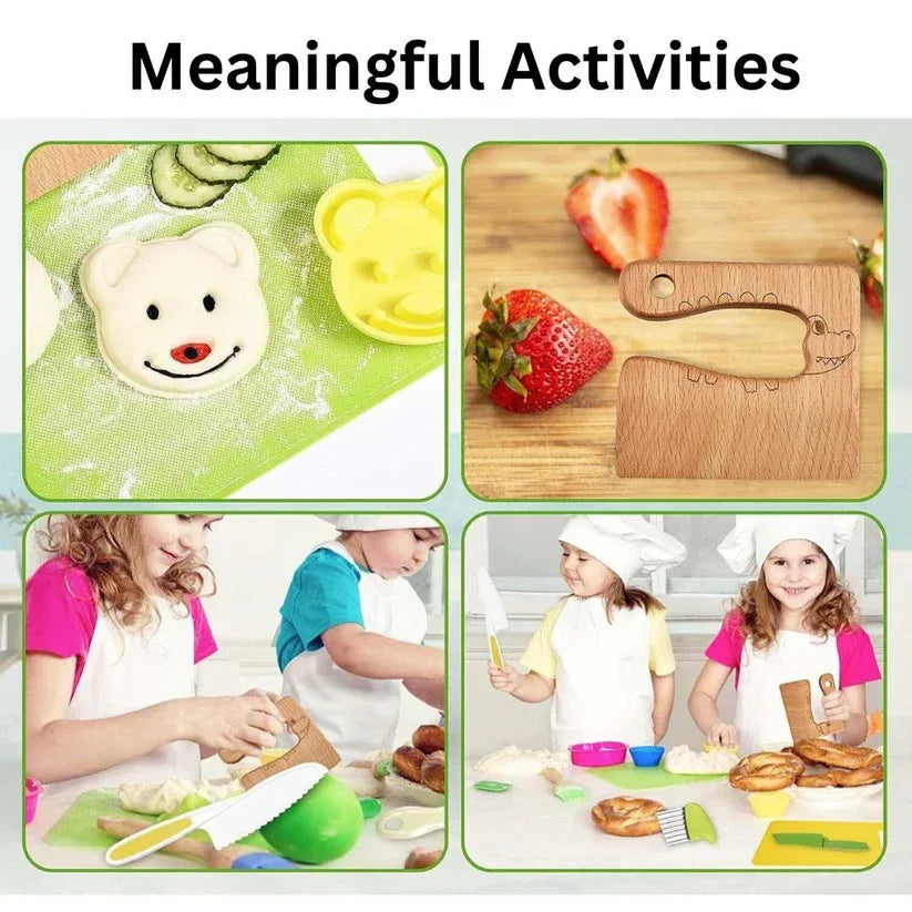 Collage of children engaging in cooking activities with kitchen tools and ingredients.


