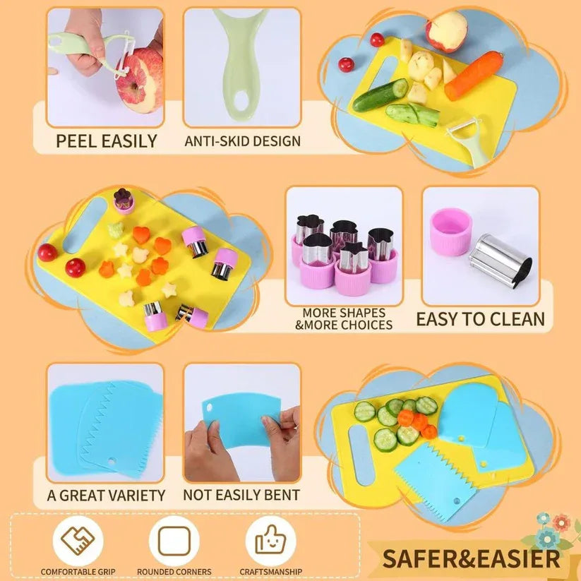 Set of kitchen tools with various features highlighted on a peach background

