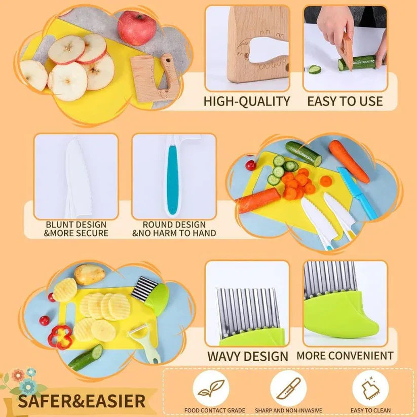 Set of kitchen cutting boards and tools with various designs on a peach background.

