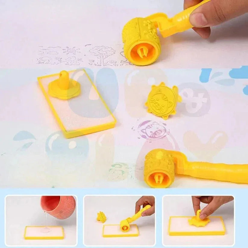 Yellow plastic tool with a roller and stamp on a white background

