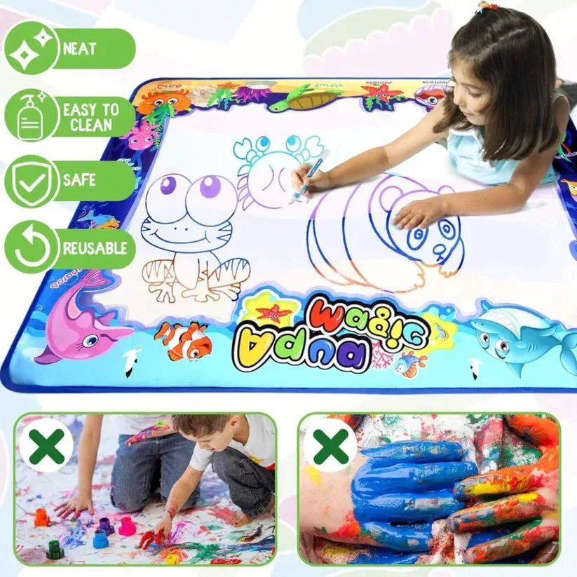Child drawing on a Wanda Magic Drawing Mat with safety and ease of use features highlighted.


