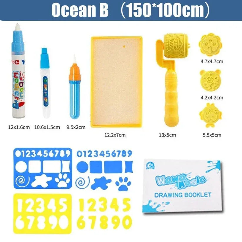 Set of drawing tools and stencils with measurements on a white background


