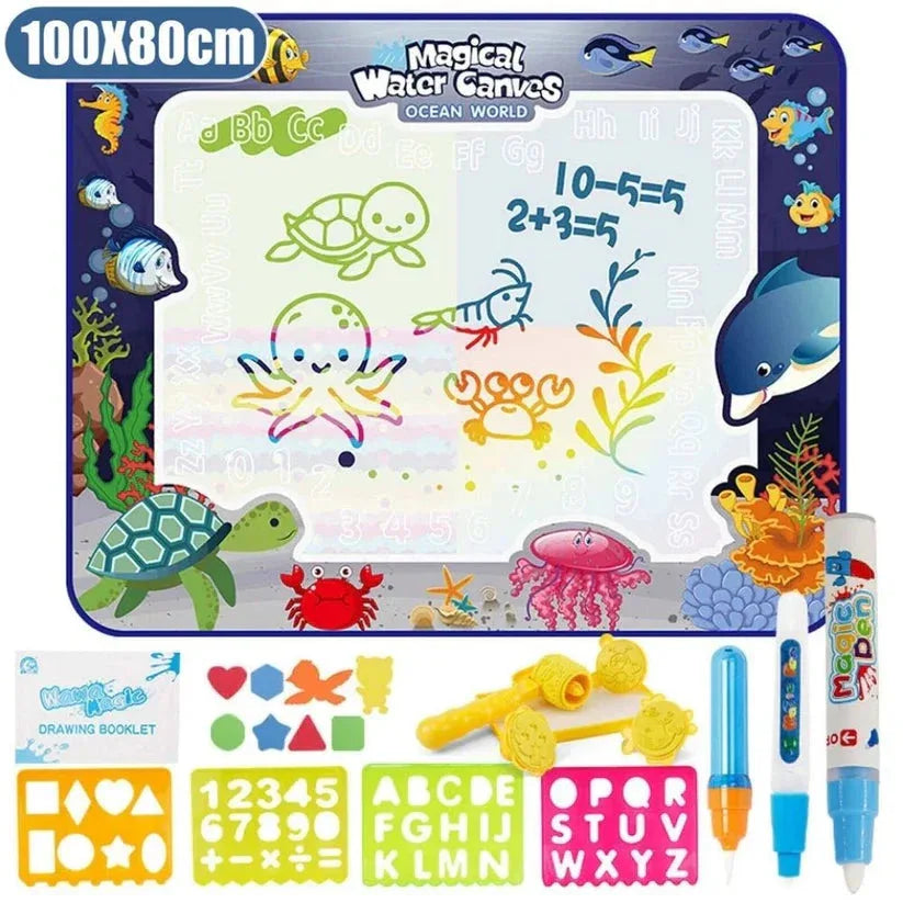 Magical Water Canvas with ocean-themed designs and educational tools on a blue background


