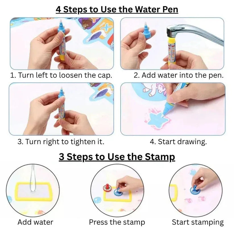 Instructions on how to use a water pen and stamp with step-by-step images.

