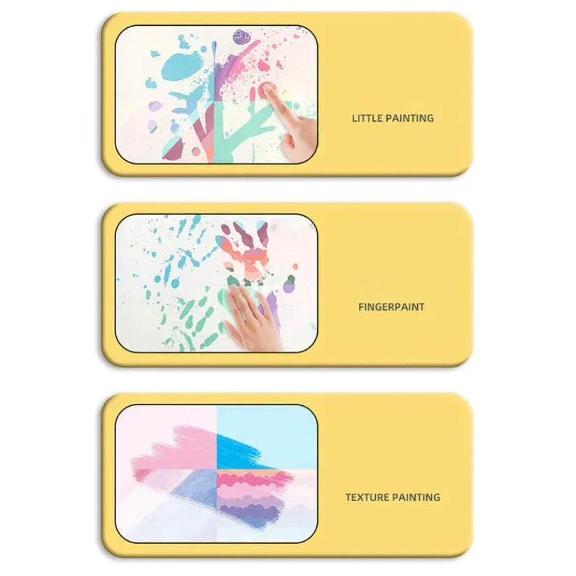Three yellow boards with different painting activities on a white background

