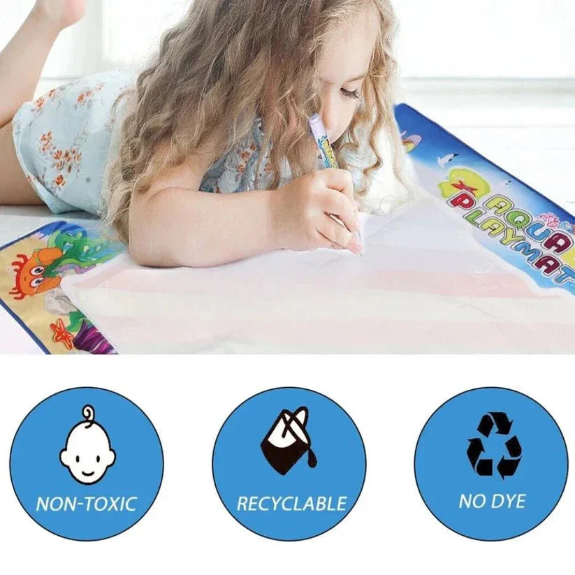 Child drawing on a colorful Aquadoodle playmat with icons indicating non-toxic, recyclable, and no dye features.

