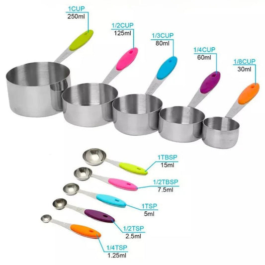 10PCS Stainless Steel Measuring Spoons Cups Baking Teaspoon Kitchen Gadget Kit Ausie Sales