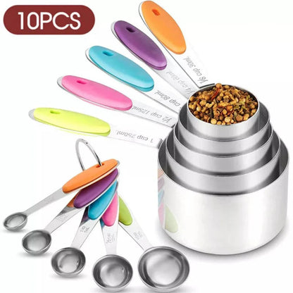 10PCS Stainless Steel Measuring Spoons Cups Baking Teaspoon Kitchen Gadget Kit Ausie Sales