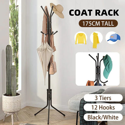 12 Hook 3-Tier Cloth Hanger Metal Tree Stand Hat Clothes Rack Style Storage Ausie Sales