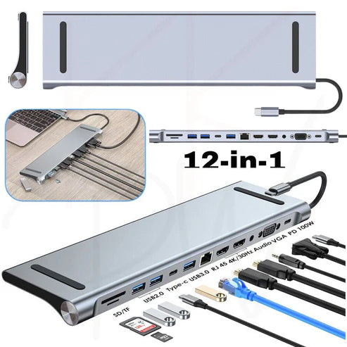 12 in 1 Laptop Docking Station Type-C Adapter USB 3.0 Dual HDMI Hub VGA PD SD TF Ausie Sales