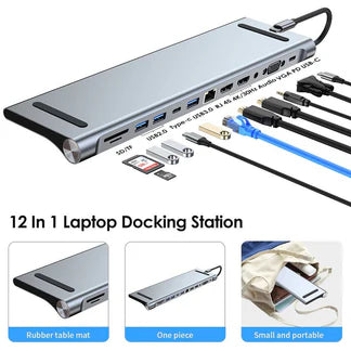 12 in 1 Laptop Docking Station Type-C Adapter USB 3.0 Dual HDMI Hub VGA PD SD TF Ausie Sales