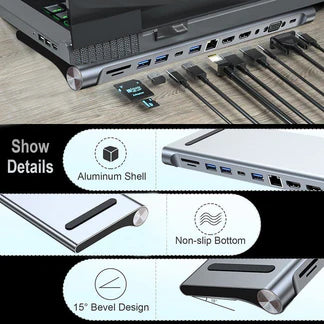 12 in 1 Laptop Docking Station Type-C Adapter USB 3.0 Dual HDMI Hub VGA PD SD TF Ausie Sales