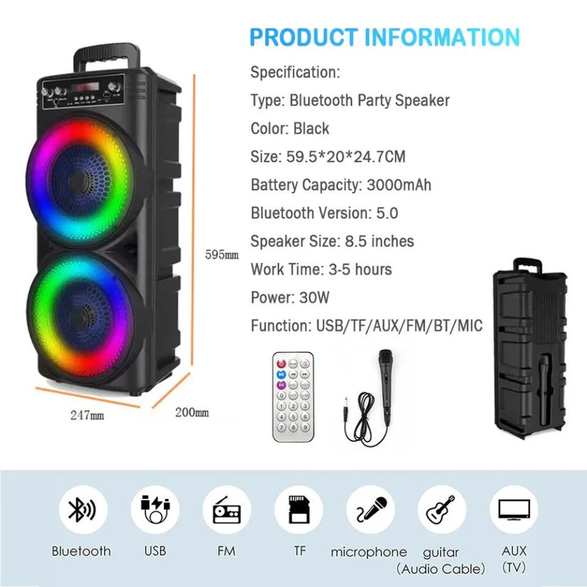 5000W 8.5'' Bluetooth Speaker Heavy Bass Sub Woofer Sound System Party With Mic Ausie Sales