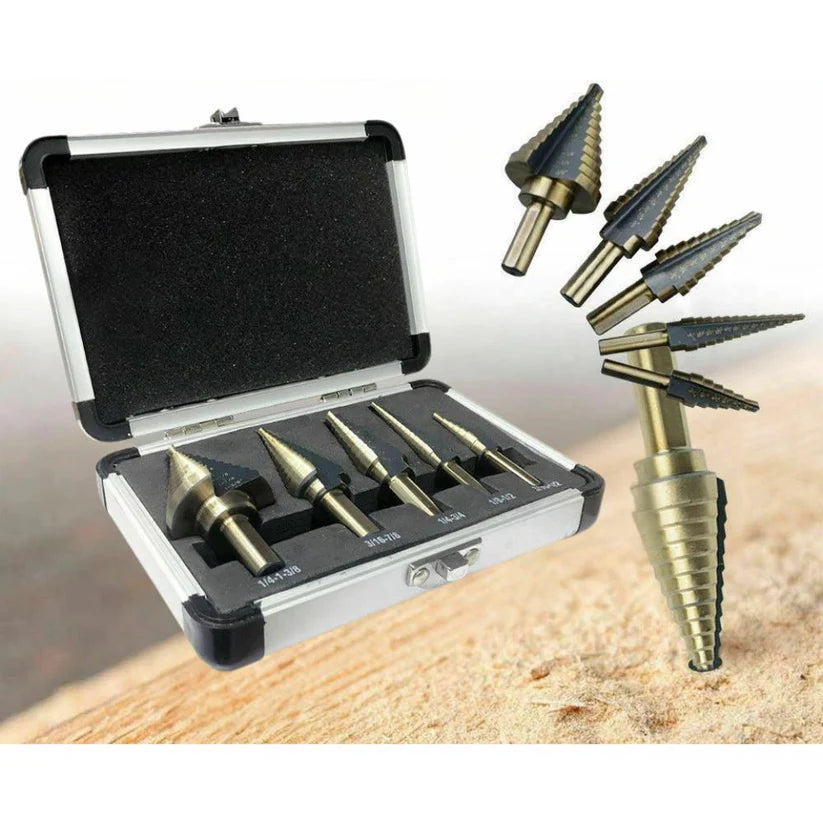 5PCS HSS Step Steel Cone Drill Bits Hole Titanium Cutter Set Kit + Aluminum Case Ausie Sales