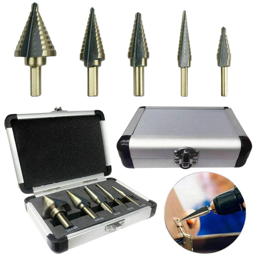 5PCS HSS Step Steel Cone Drill Bits Hole Titanium Cutter Set Kit + Aluminum Case Ausie Sales