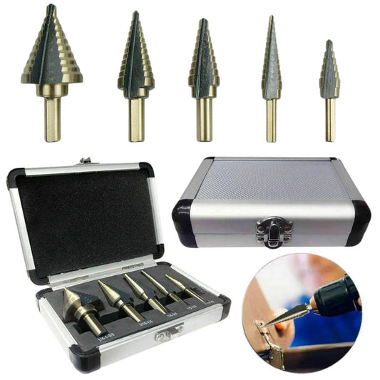 5PCS HSS Step Steel Cone Drill Bits Hole Titanium Cutter Set Kit + Aluminum Case Ausie Sales