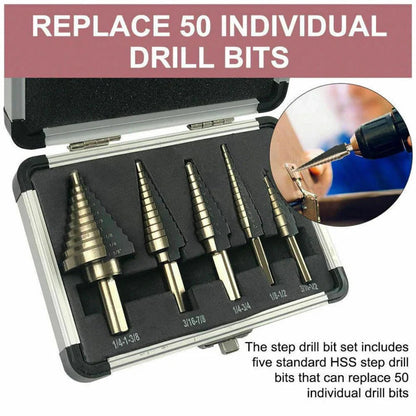 5PCS HSS Step Steel Cone Drill Bits Hole Titanium Cutter Set Kit + Aluminum Case Ausie Sales