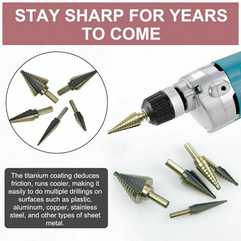 5PCS HSS Step Steel Cone Drill Bits Hole Titanium Cutter Set Kit + Aluminum Case Ausie Sales