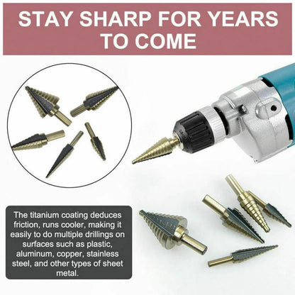 5PCS HSS Step Steel Cone Drill Bits Hole Titanium Cutter Set Kit + Aluminum Case Ausie Sales