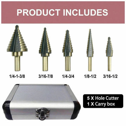 5PCS HSS Step Steel Cone Drill Bits Hole Titanium Cutter Set Kit + Aluminum Case Ausie Sales