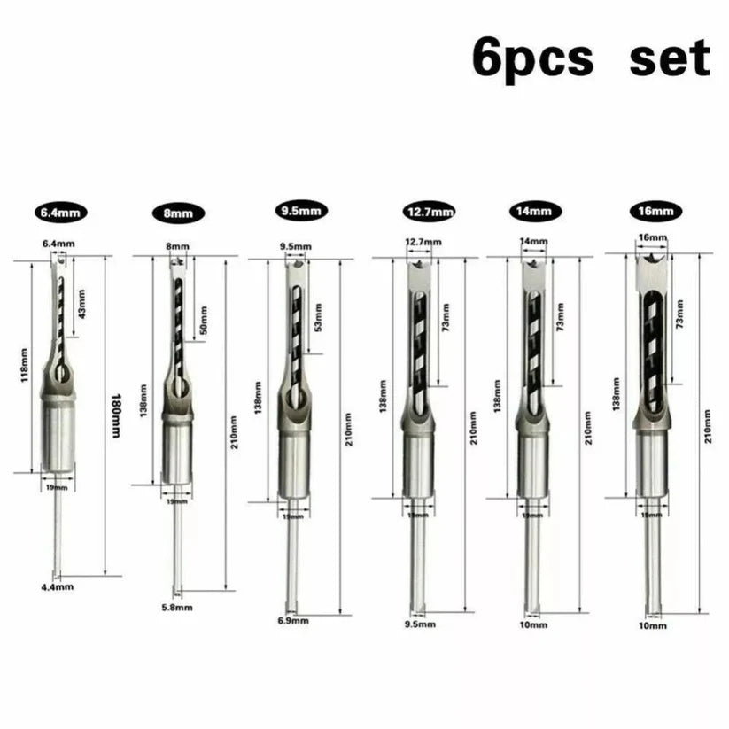 6Pcs Square Hole Saw Drill Bit Auger Mortising Chisel Woodworking 6.35-16mm Ausie Sales