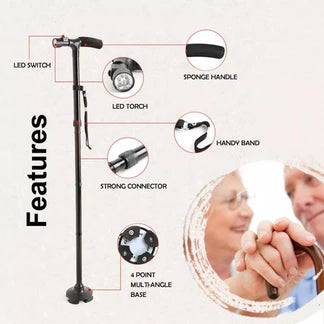 Foldable Walking Cane Folding Stick Walker With LED Strap Black Metal Adjustable Handle Ausie Sales