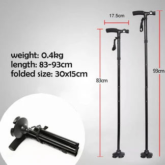 Foldable Walking Cane Folding Stick Walker With LED Strap Black Metal Adjustable Handle Ausie Sales