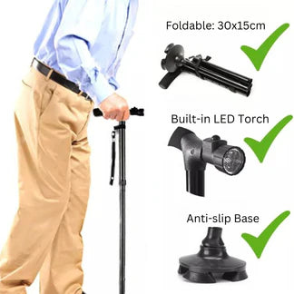 Foldable Walking Cane Folding Stick Walker With LED Strap Black Metal Adjustable Handle Ausie Sales