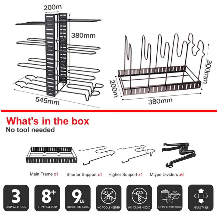 Kitchen Storage Rack Cookware Organiser Pot Lid Frying Pan Pantry Holder Shelves Ausie Sales