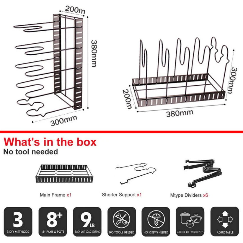 Kitchen Storage Rack Cookware Organiser Pot Lid Frying Pan Pantry Holder Shelves Ausie Sales