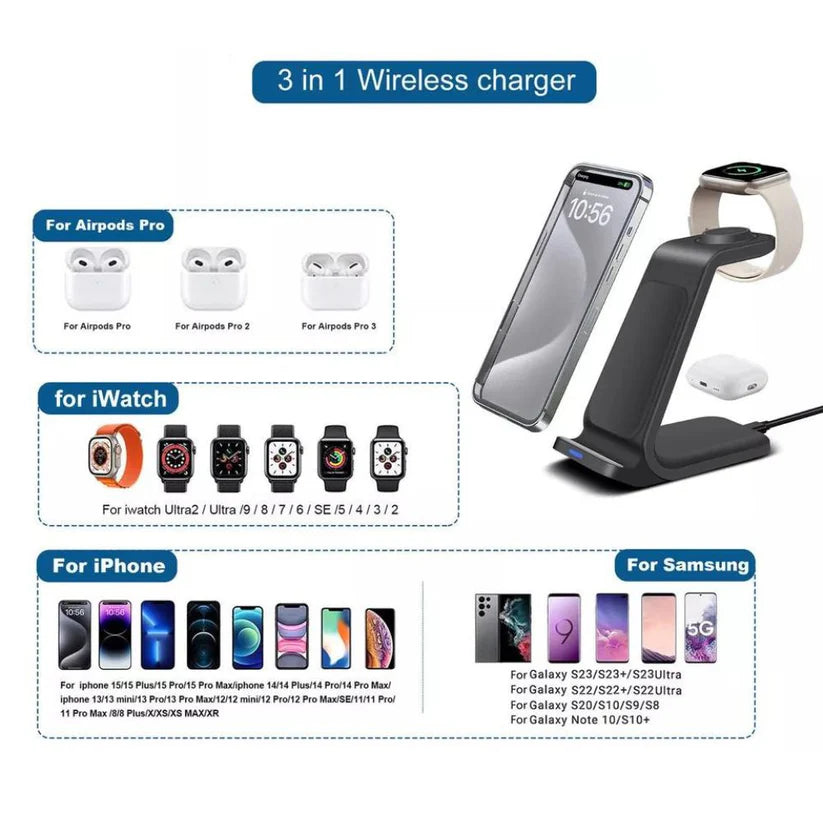 Wireless Charger Dock Charging Station 3 in 1 For Apple Watch iPhone SE-15 AirPods Ausie Sales