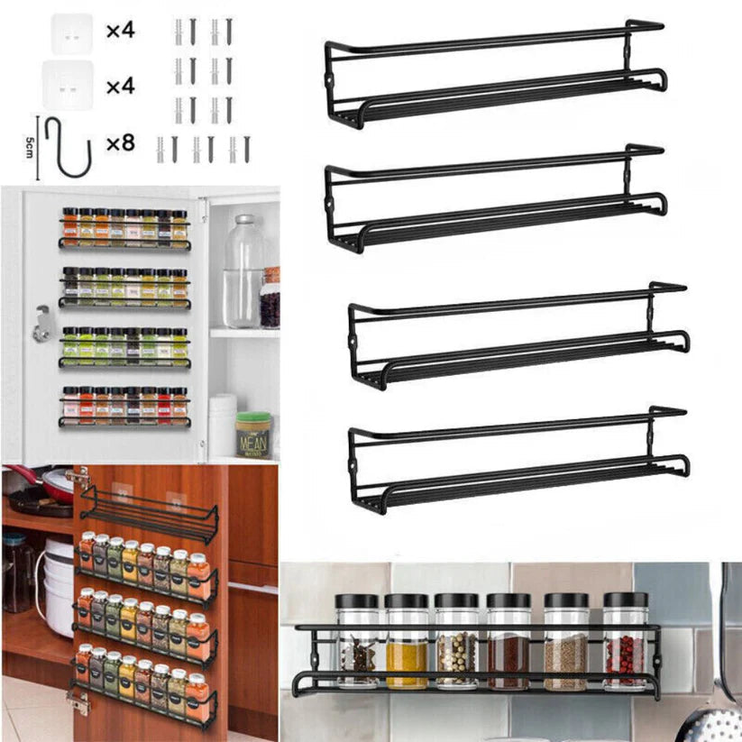 4PCS SET Kitchen Spice Rack Storage Organiser Shelves Wall Mount Kitchen Door Jar Ausie Sales