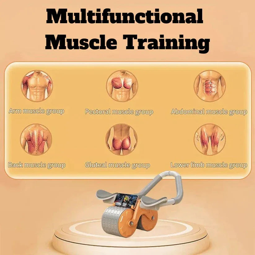 Multifunctional muscle training device with illustrations of different muscle groups on a beige background.


