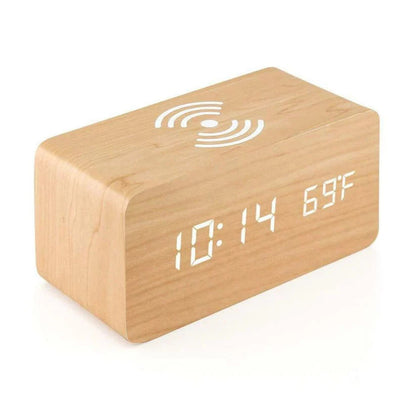 Digital Wooden Alarm Clock Table Desk Bedside LED Clock With Wireless Charger Ausie Sales