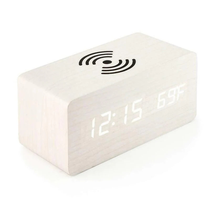 Digital Wooden Alarm Clock Table Desk Bedside LED Clock With Wireless Charger Ausie Sales