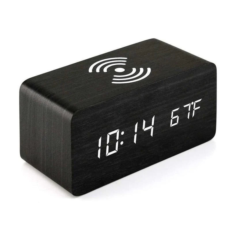 Digital Wooden Alarm Clock Table Desk Bedside LED Clock With Wireless Charger Ausie Sales